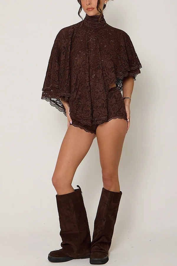 Carmen Lace Bow-tie Round Neckline Ruffle Cape Overlay Top