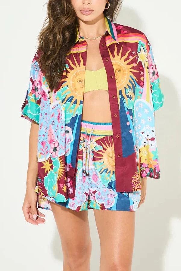 Ensemble très attendu en mélange de lin, chemise ample à boutons et imprimé unique, et short à poches à taille élastique