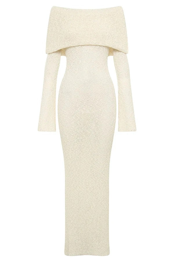 Marisol – Schulterfreies, drapiertes Maxikleid aus geripptem Bouclé-Material mit Stretchanteil für den Urlaub