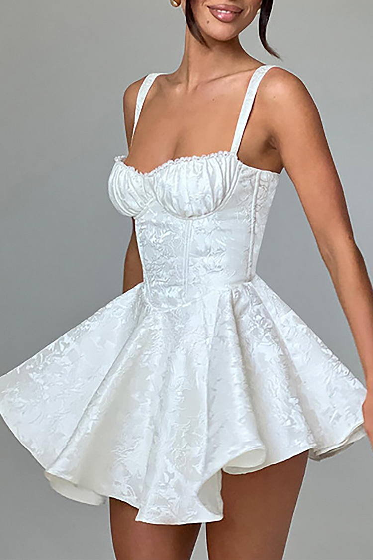 Lace Trim Cinch Waist Jacquard Slip Mini Dresses-White