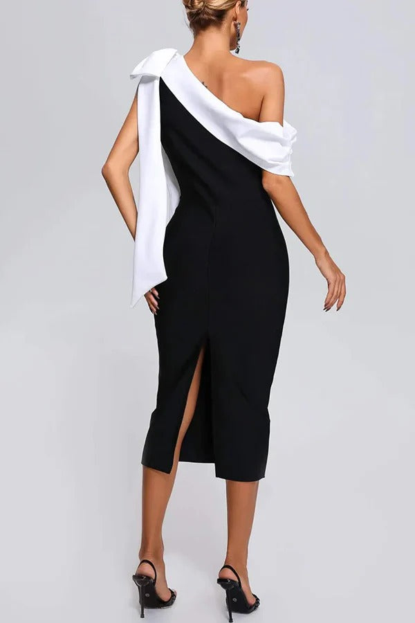 Elegantes One-Shoulder-Bandage-Midikleid mit Schleife im Abendlook