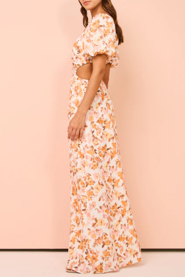 Elastische Puffärmel, plissierte Taille hinten, hohl, süßer langer Rock