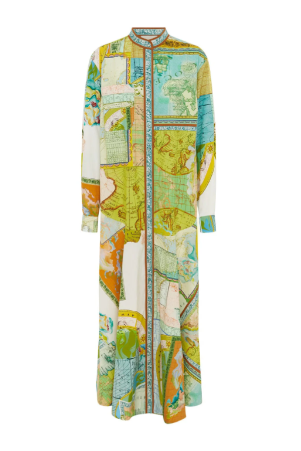 Reise um die Welt – Einzigartiges Midikleid mit Ballonärmeln und Gürtel