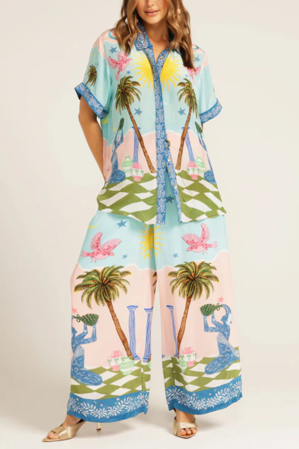 Einzigartige Hose mit weitem Bein und elastischer Tasche im Cree-Ethno-Stil mit handbemaltem Druck