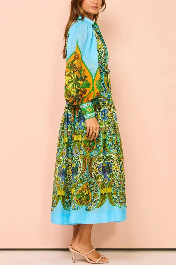 Feeling Butterflies – Mehrfarbiges, einzigartiges Midikleid mit Ballonärmeln und Gürtel