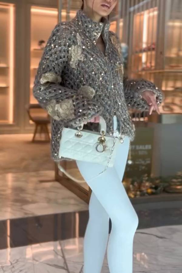 Heavyweight Sequin Jacquard Knit Zip-Up Jacket
