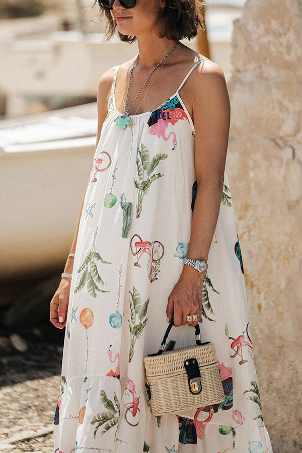 Sommermode Einzigartiger Druck Rundhalsausschnitt Strapse Rückenfreies Midikleid