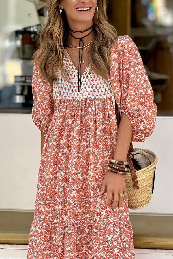 Boheme Lifestyle – Bedrucktes, lockeres Maxikleid mit Puffärmeln