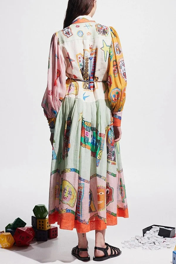 Set für den Urlaub – Einzigartiges Print-Farbblock-Midikleid mit Ballonärmeln und Gürtel