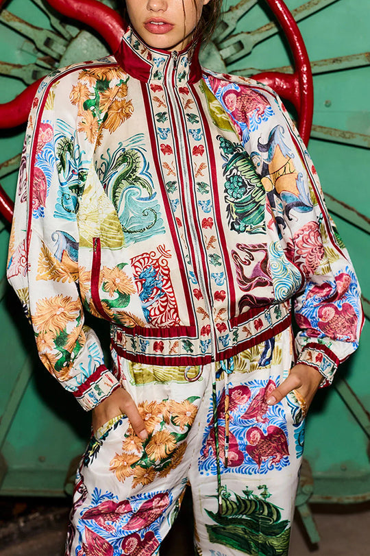 Wond A Land – Bomberjacke mit einzigartigem Druck, Reißverschlusstaschen und Ballonärmeln