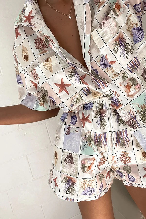 Set aus Leinenmischung mit Muschelmuster und einzigartigem Print, lockerem Hemd mit Knöpfen und Shorts mit elastischer Taille und Tasche