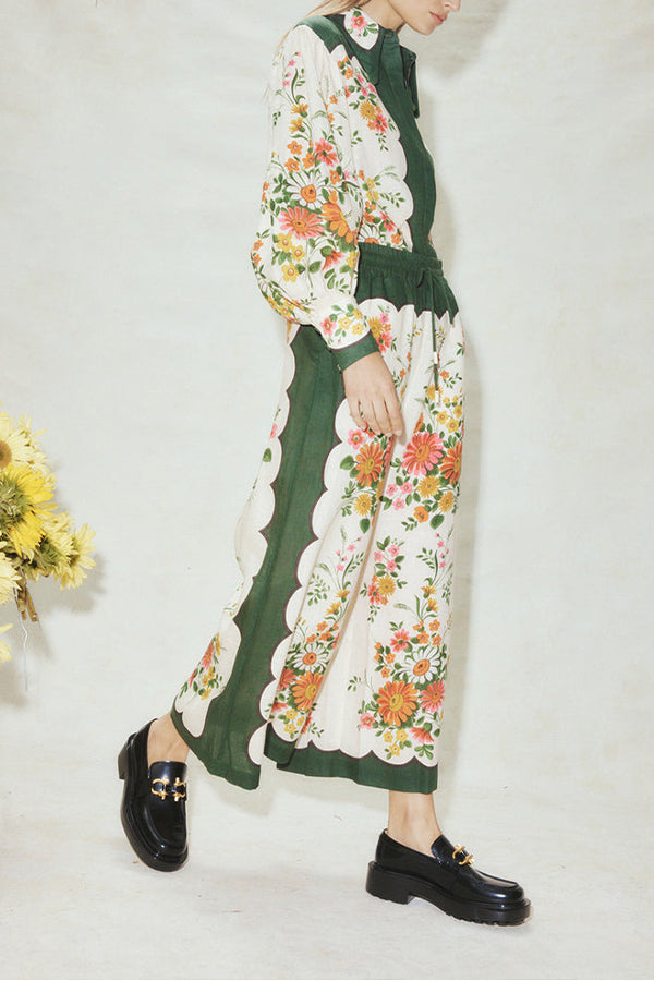 PANTALON LARGE À POCHES ET TAILLE ÉLASTIQUE À FLEURS SYMÉTRIQUES RUISA