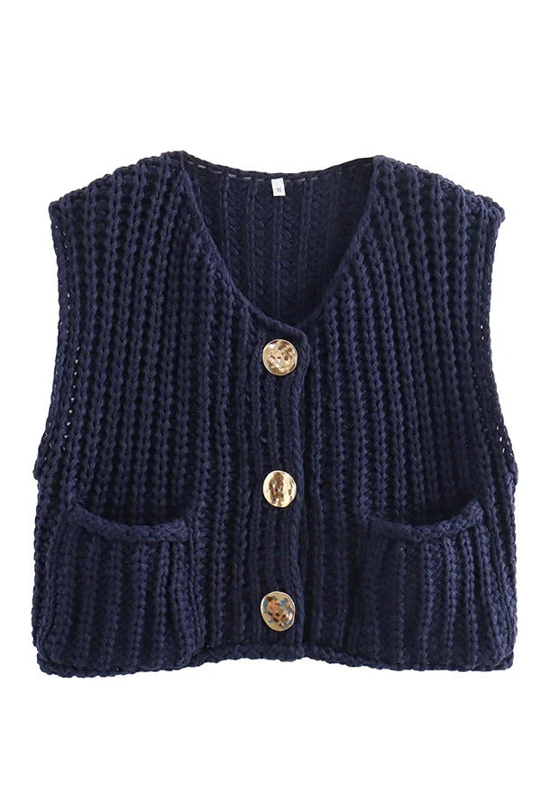 Einfarbige ärmellose Strickweste mit Tasche