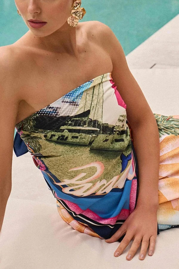 Ensemble haut foulard noué en satin imprimé unique et jupe longue ample à taille élastique