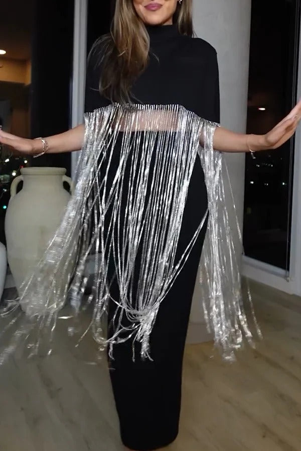 New Level Shiny Tassel Stand Neck Crop Cape Blouse