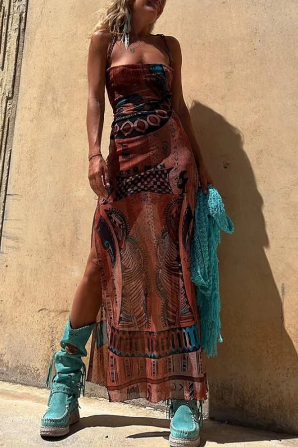 Midikleid im Gypsy-Stil mit einzigartigem Aufdruck, Wasserfallausschnitt hinten, Schnürung und Schlitz