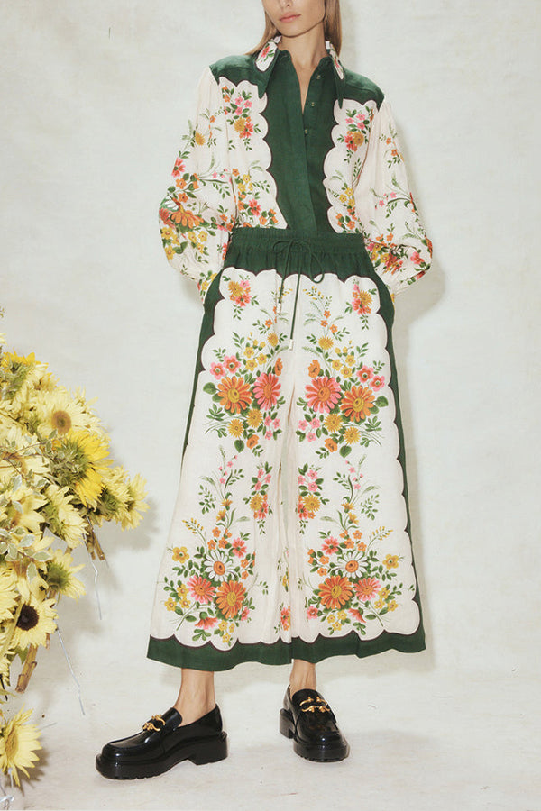 PANTALON LARGE À POCHES ET TAILLE ÉLASTIQUE À FLEURS SYMÉTRIQUES RUISA