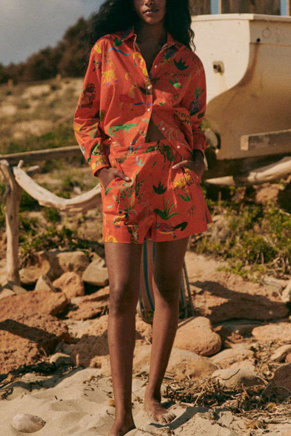 Ensemble chemisier à imprimé unique en lin mélangé Jungle Adventure et short à poches à taille élastique dans le dos