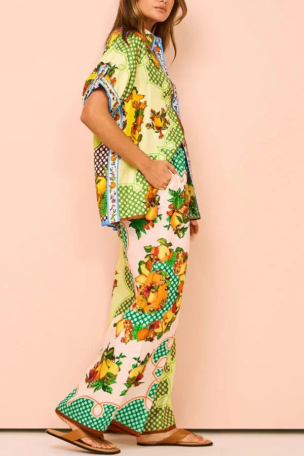 Enjoy Summer Lemon Satin Hose mit einzigartigem Druck, elastischer Bund und Taschen, weites Bein