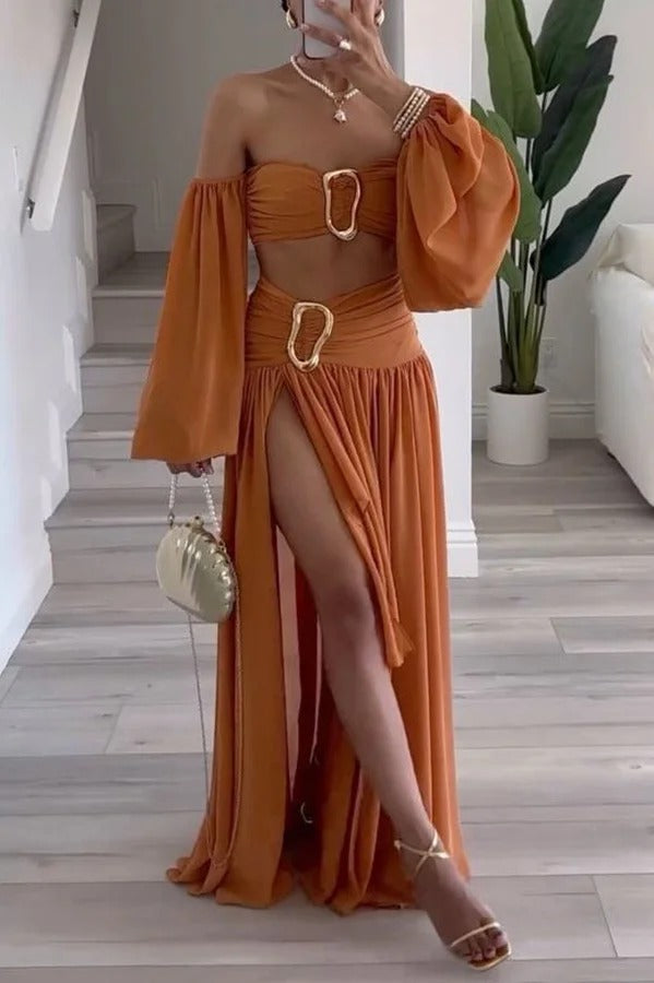 Urlaubs-Chic Chiffon High Rise Fließendes asymmetrisches drapiertes Maxirock-Set