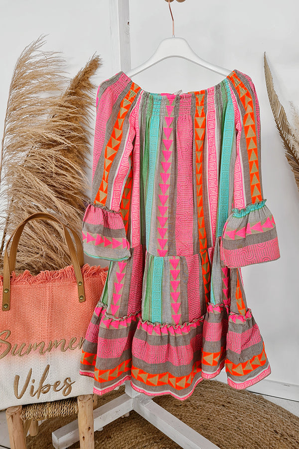 Friendly Shores – Schulterfreies, lockeres Minikleid aus Leinenmischung mit Ethno-Print