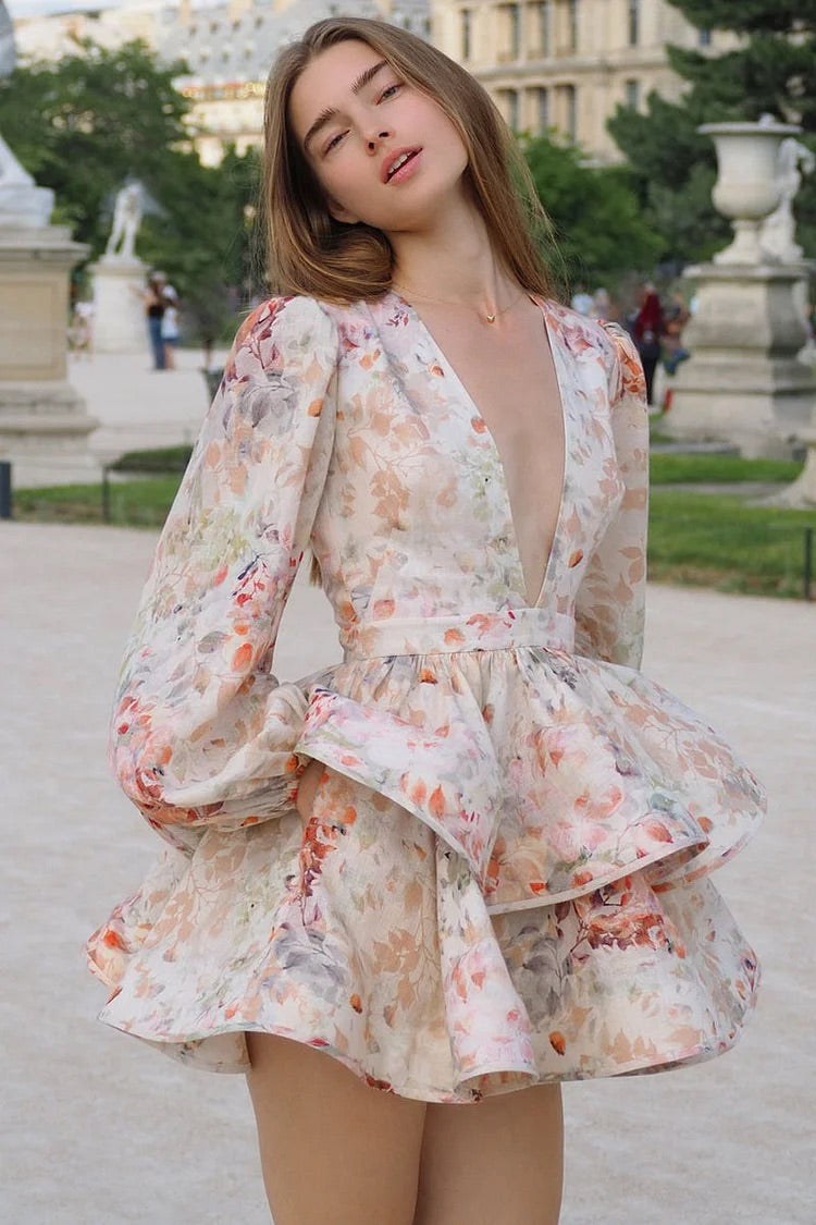 Mini-robes de soirée à volants, imprimé floral, col en V, manches ballon