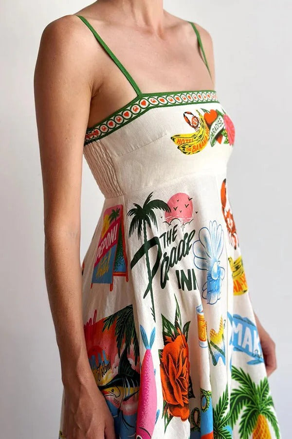 Holiday Paradise Maxikleid aus Leinenmischung mit einzigartigem Druck und gesmokten Gesäßtaschen