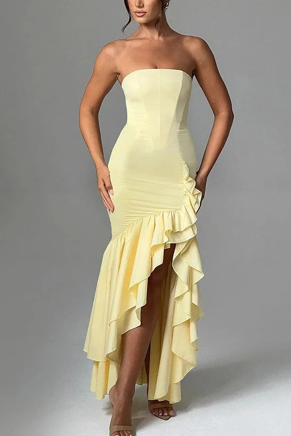 Robe longue sexy à épaules dénudées et ourlet irrégulier