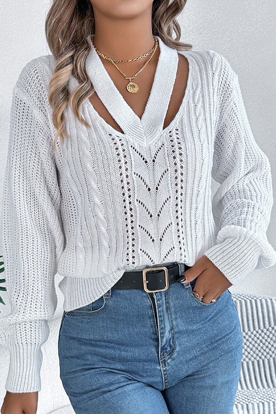 Lässiger, hohler Langarm-Strickpullover mit V-Ausschnitt