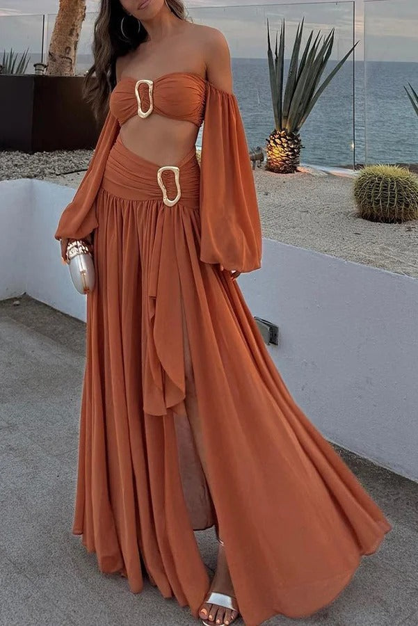 Urlaubs-Chic Chiffon High Rise Fließendes asymmetrisches drapiertes Maxirock-Set