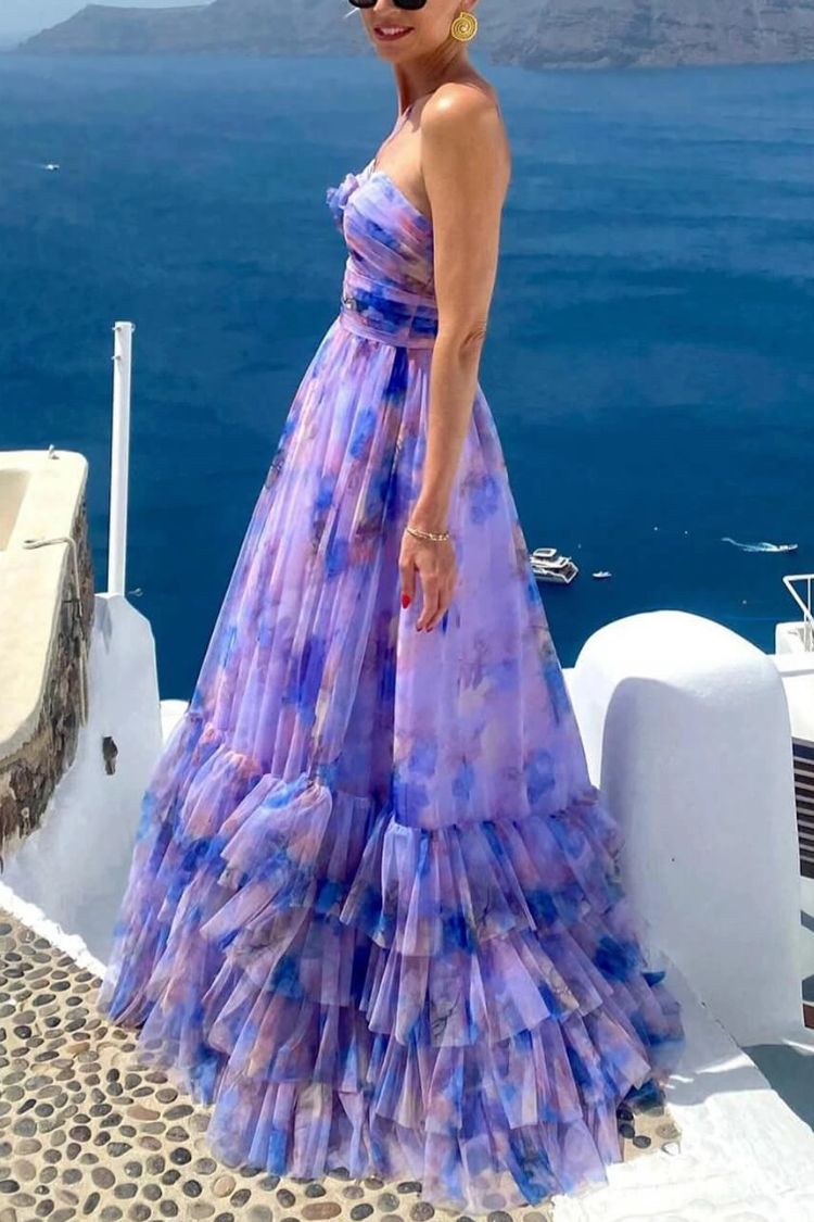 Dreamy Clouds Tulle Printed Rose Detail Cutout Ruffles Tiered Halter Maxi Dress