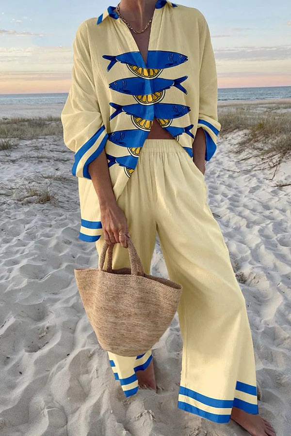 Einzigartiges Set mit Oversize-Hemd mit Ozean-Print und Hose mit elastischer Taille und Taschen