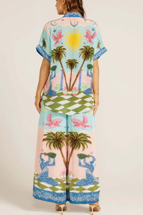 Einzigartige Hose mit weitem Bein und elastischer Tasche im Cree-Ethno-Stil mit handbemaltem Druck