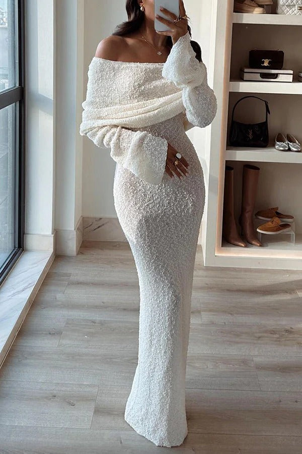 Marisol – Schulterfreies, drapiertes Maxikleid aus geripptem Bouclé-Material mit Stretchanteil für den Urlaub