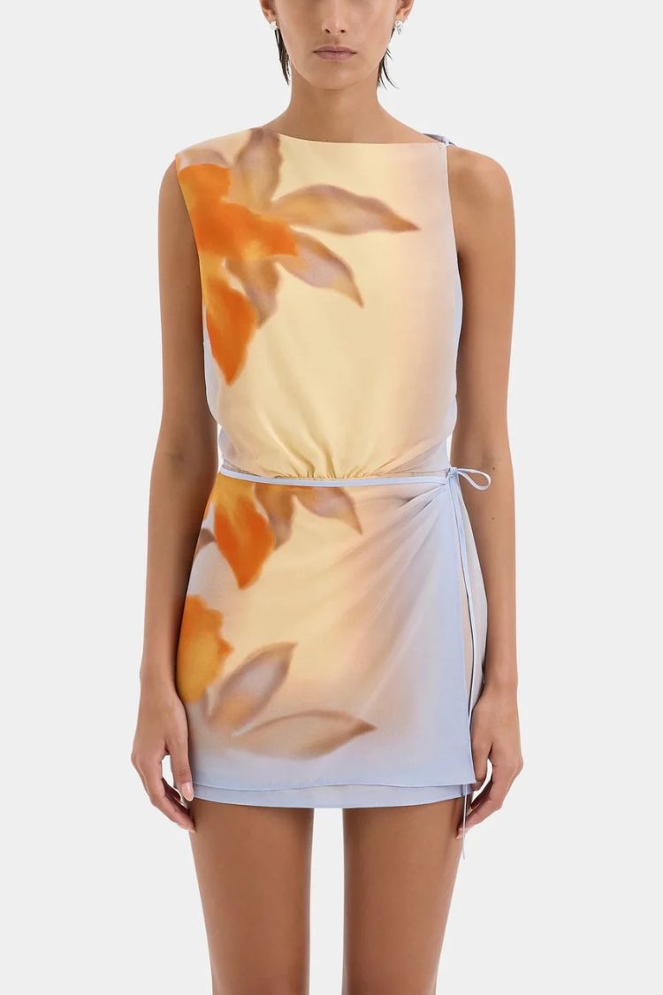 Ruhiges, rückenfreies, leichtes Minikleid mit Wickeldesign und Blumendruck