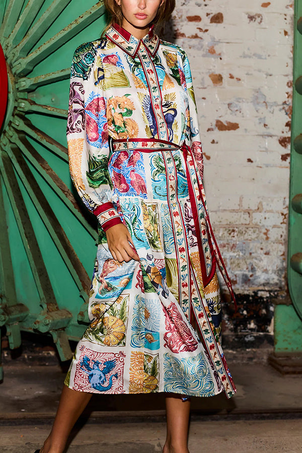 Wond A Land – Midikleid mit einzigartigem Print, Ballonärmeln, Gürtel und Taschen