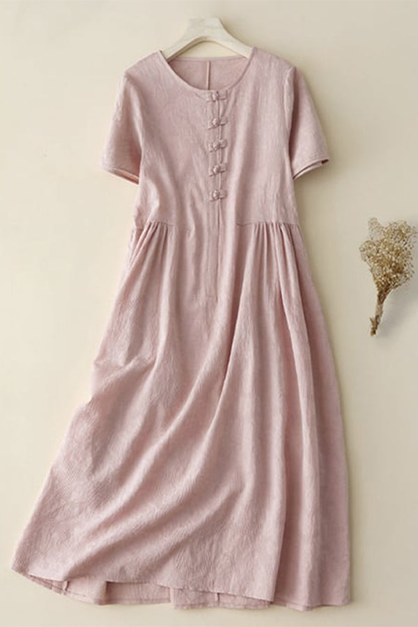 Robe ample en coton et lin à boutons rétro style jacquard ethnique