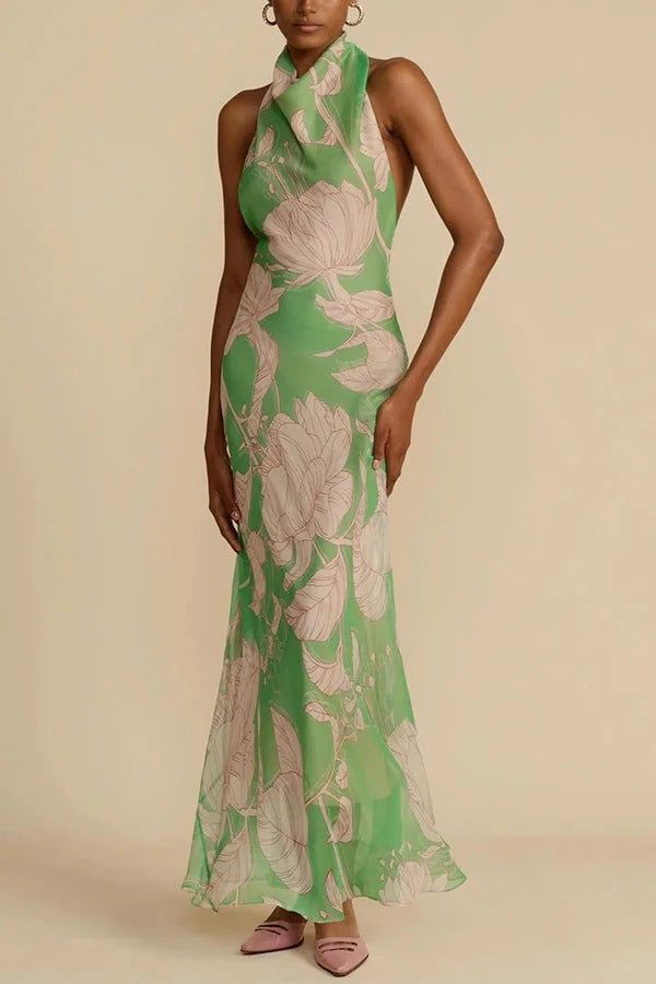 Josefine – Neckholder-Maxikleid mit Wasserfallausschnitt und Blumenmuster, rückenfrei und zum Binden