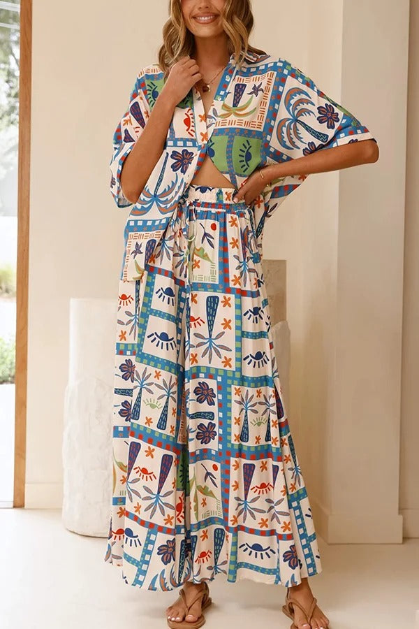 Unique Print Lapel Short Sleeve Loose Shirt and Elastic Waist Casual Pocket Wide Leg Pants Set