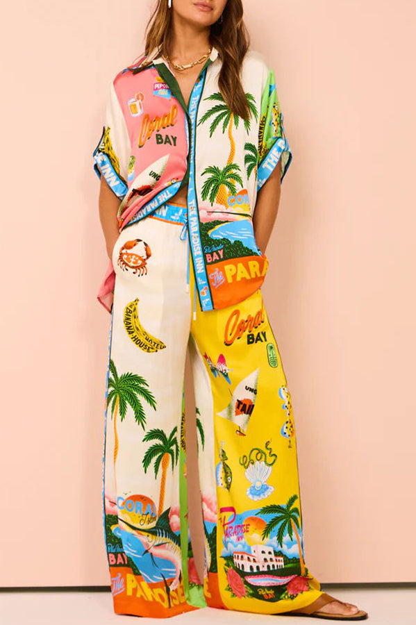 Kissed By The Sun – Satinhose mit einzigartigem Farbblock-Print und elastischer Taille und Taschen und weitem Bein