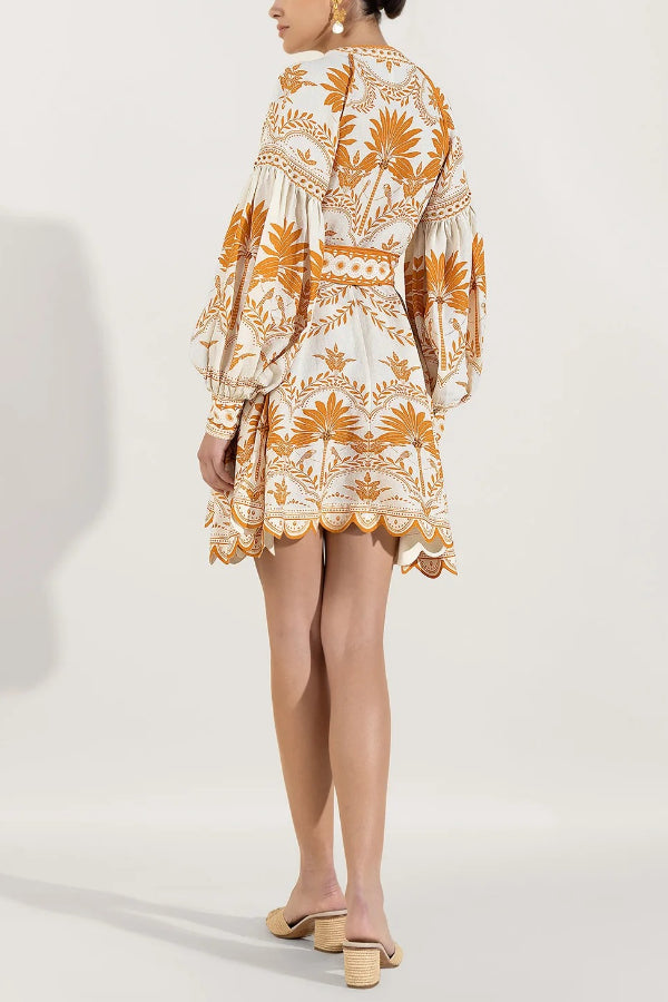 Naiara Minikleid mit Palmendruck, Ballonärmeln, gewelltem Besatz, Gürteltasche