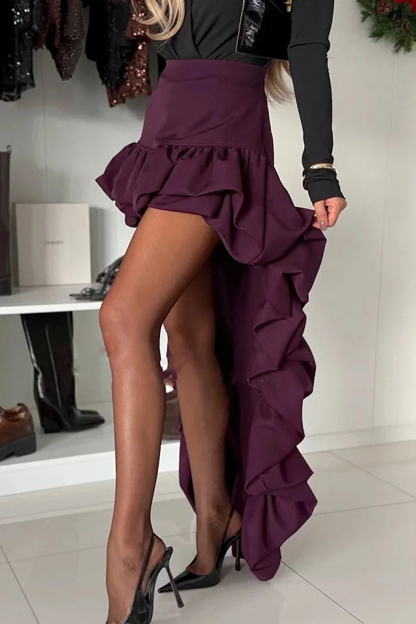 Toast To Midnight Solid Color High Rise Irregular Ruffled High Low Maxi Skirt