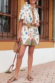 Sun Kiss Set aus Leinenmischung mit einzigartigem Druck, lockerem Hemd mit Knöpfen und Shorts mit elastischer Taille und Tasche