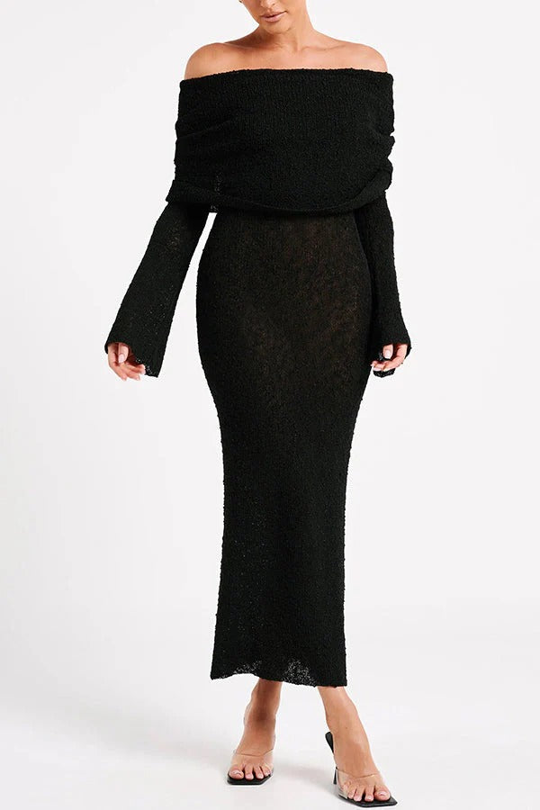 Marisol – Schulterfreies, drapiertes Maxikleid aus geripptem Bouclé-Material mit Stretchanteil für den Urlaub