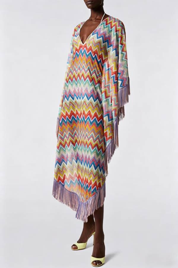 Casie Knit Colorful Zigzag Pattern Fringe Trim Cover-up Vacation Maxi Dress