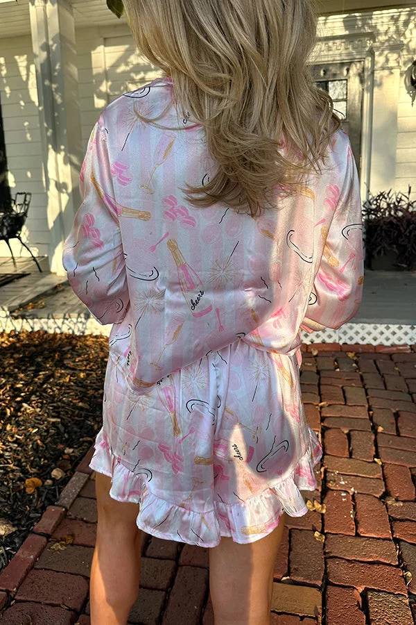 Weekend Retreat Pyjama-Shorts-Set aus Satin mit Samtschleifen und elastischer Taille und Tasche