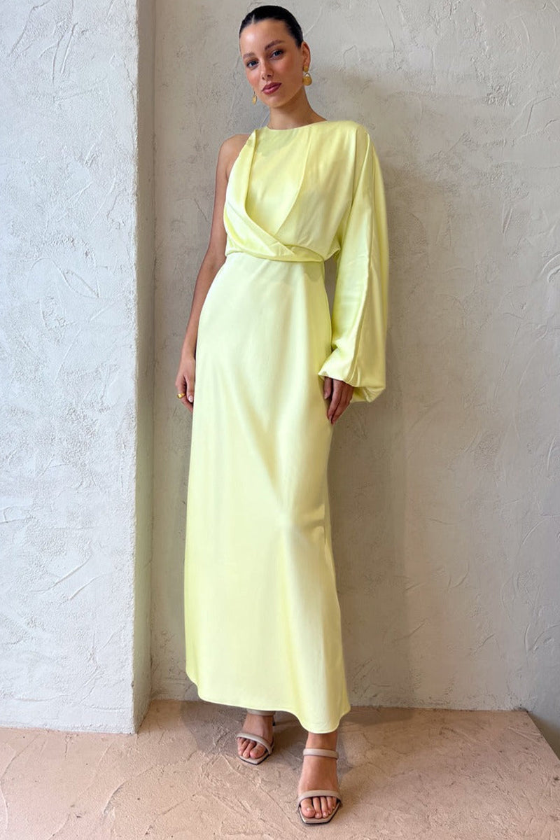 Satin One-Shoulder Langarm Slim Elegant Formale Party Midikleider