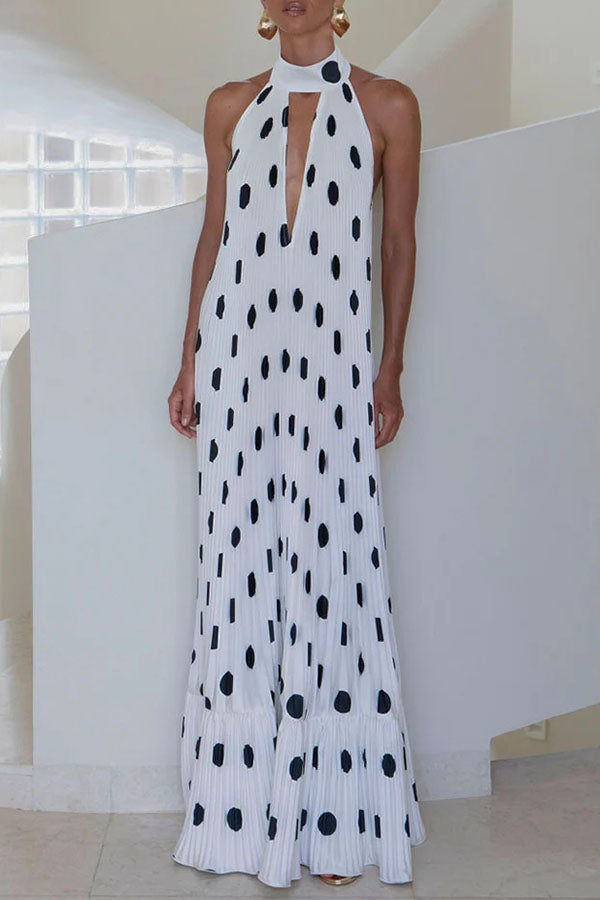 Robe longue plissée à pois, col licou haut, coupe trapèze, vraiment spéciale