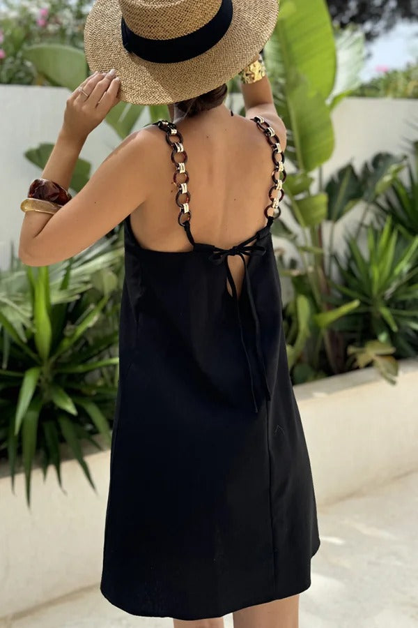 Travel Dreams Linen Blend Metal Ring Shoulder Strap H-line Mini Dress