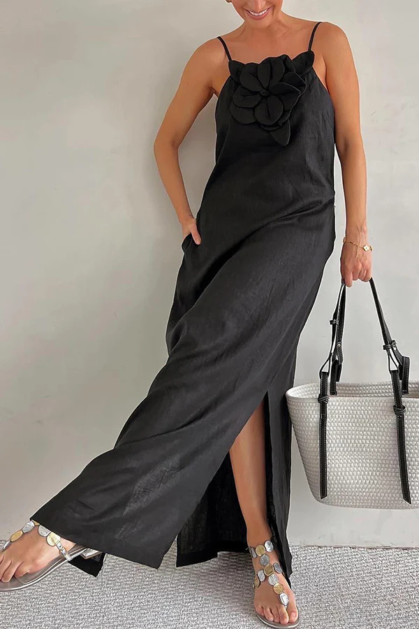 Vacay Ready – Maxikleid aus Leinenmischung mit Blumenverzierung, Taschen und Schlitz